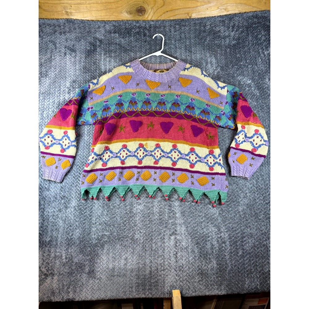 Vintage Tiara International Sweater Womens Large Multi Geometric Jester Hem 90s